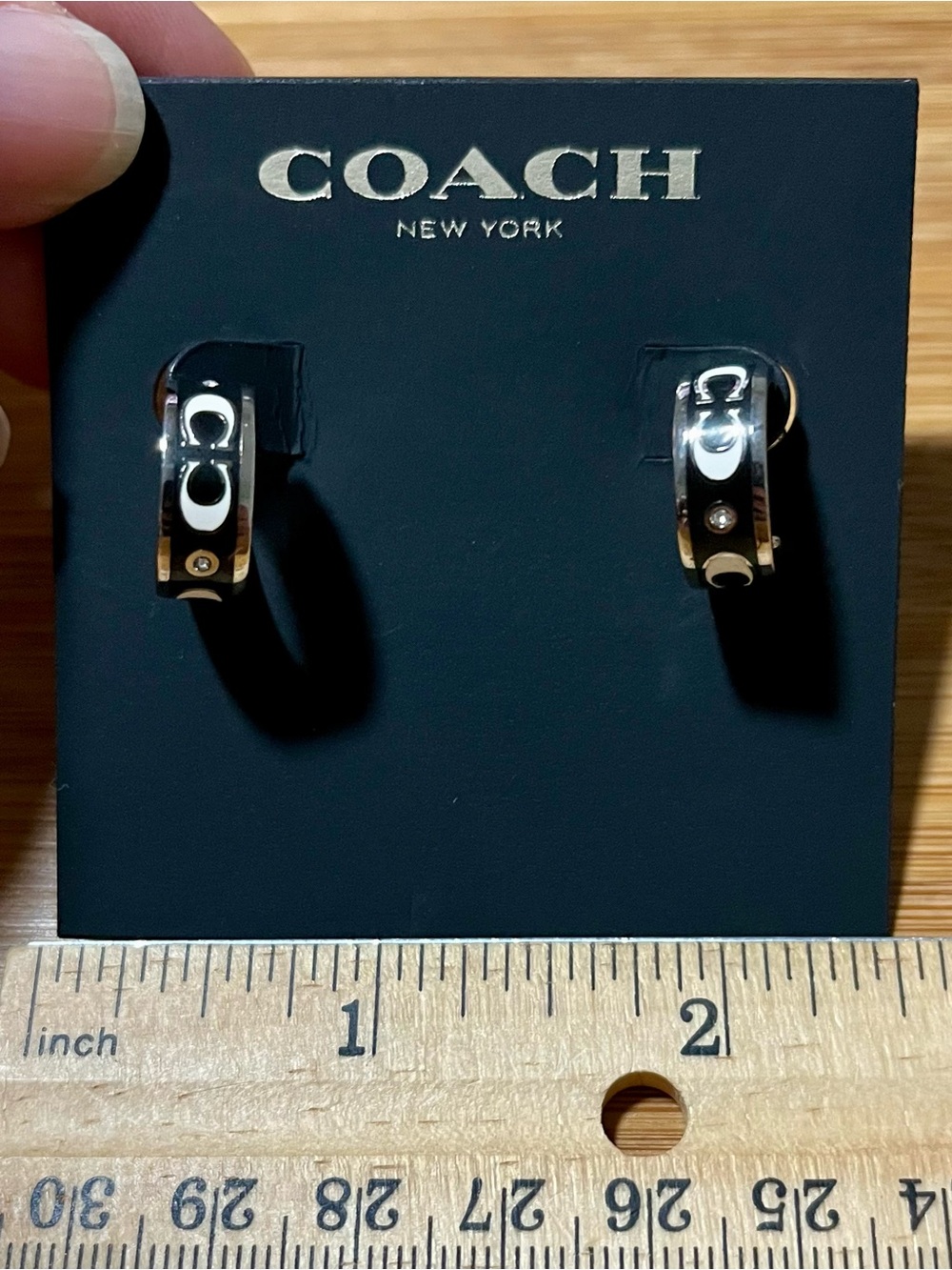 Coach Logo C Signature Huggie Hoop Earrings Silver Tone, Black & White Enamel
